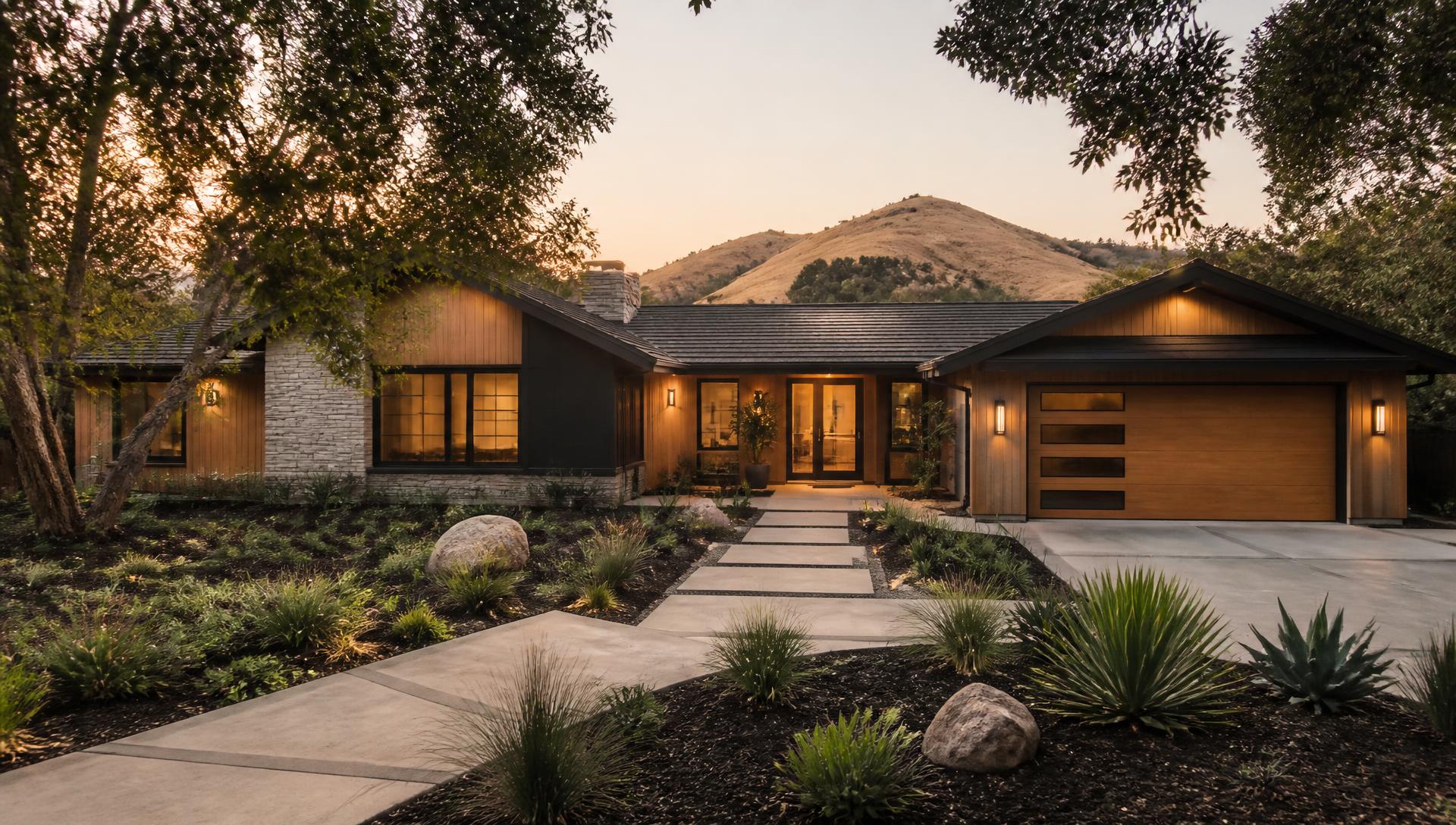 Remodeled California home with new landscaping at sunset