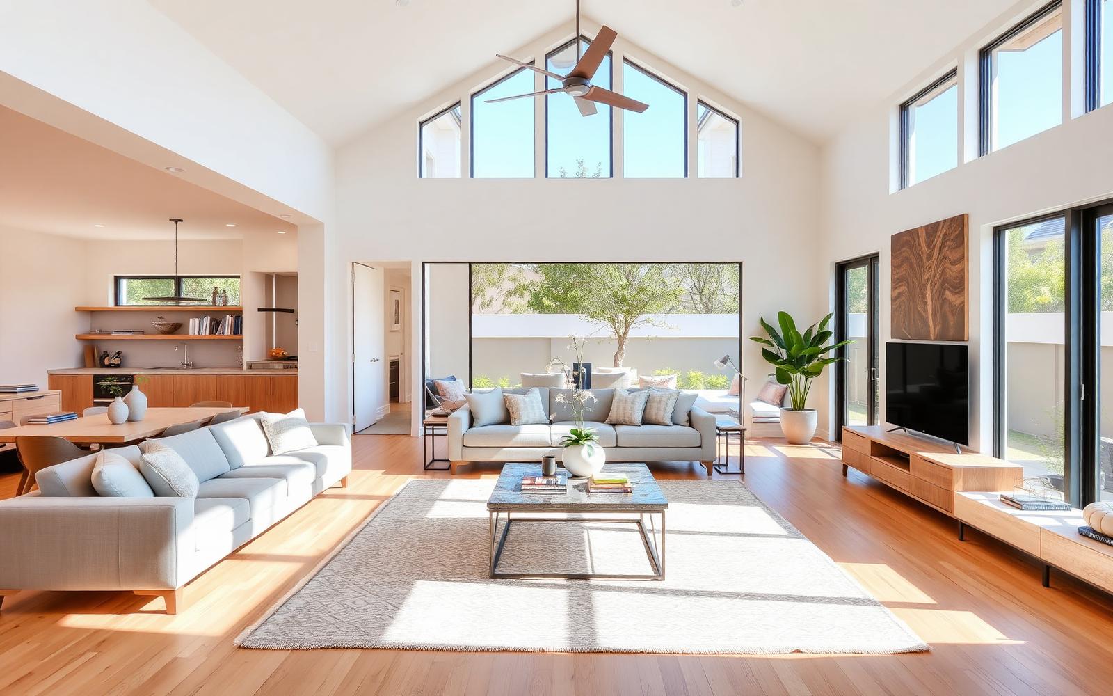 Bright open-concept living room with vaulted ceiling, clerestory windows, oak floors and an adjoining kitchen
